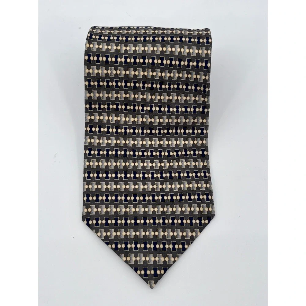 Di Moggio Mens Silk Necktie Navy Blue Grey Geometric Pattern Hand Made 56x4